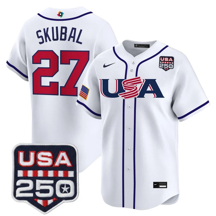 Men's Team USA World Baseball Classic 250America Patch Vapor Premier Jersey - 2026 Roster WHITE#27 TARIK SKUBAL