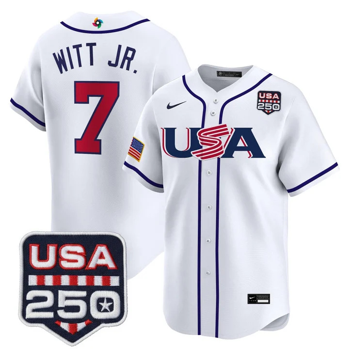 Men's Team USA World Baseball Classic 250America Patch Vapor Premier Jersey - 2026 Roster WHITE#7 BOBBY WITT JR.