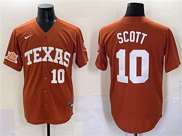 Men's Texas Longhorns #10 Mia Scott Orange 2025 Softball National Champions & SEC Patch Stitched Jersey