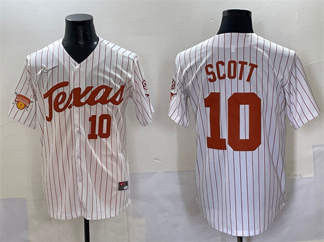Men's Texas Longhorns #10 Mia Scott White Pinstripe 2025 Softball National Champions & SEC Patch Stitched Jersey