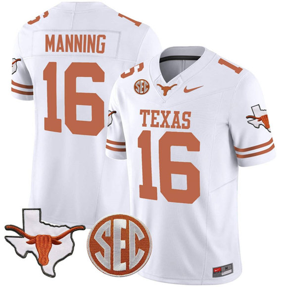 Men's Texas Longhorns #16 Arch Manning White F.U.S.E. Map & SEC Patch Vapor Limited V4 Stitched Jersey