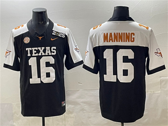 Men's Texas Longhorns #16 Peyton Manning Black F.U.S.E. 2025 CFP Final With SEC Patch Stitched Jersey