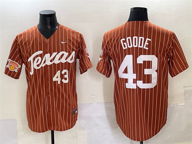 Men's Texas Longhorns #43 Leighann Goode Orange Pinstripe 2025 Softball National Champions & SEC Patch Stitched Jersey