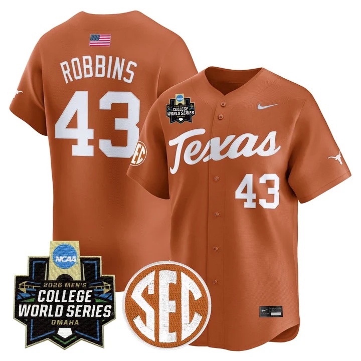 Men's Texas Longhorns 2026 World Series Vapor Premier Limited Jersey #43 AIDEN ROBBINS