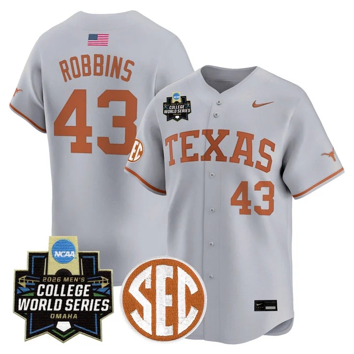 Men's Texas Longhorns 2026 World Series Vapor Premier Limited Jersey GRAY #43 AIDEN ROBBINS