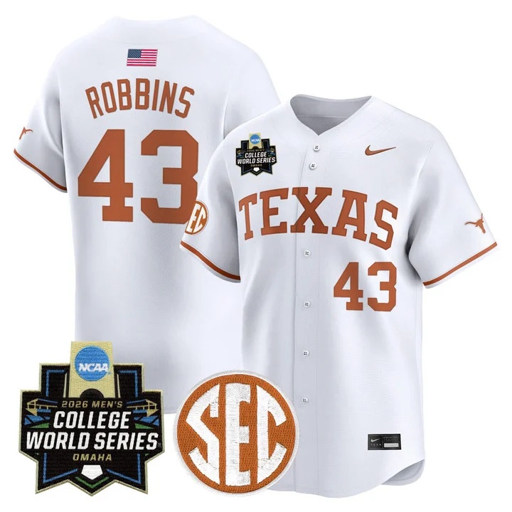Men's Texas Longhorns 2026 World Series Vapor Premier Limited Jersey WHITE #43 AIDEN ROBBINS