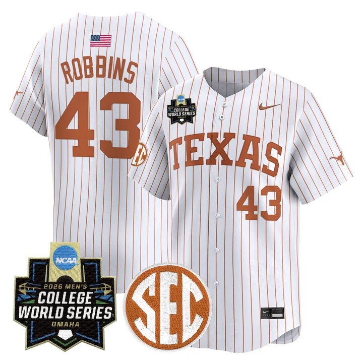 Men's Texas Longhorns 2026 World Series Vapor Premier Limited Jersey WHITE2 #43 AIDEN ROBBINS