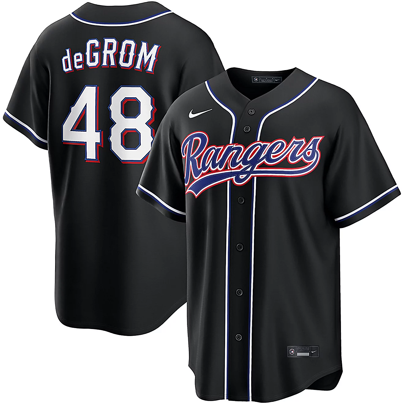 Men's Texas Rangers #48 Jacob Degrom 2026 Black Out Fashion Nike Jersey