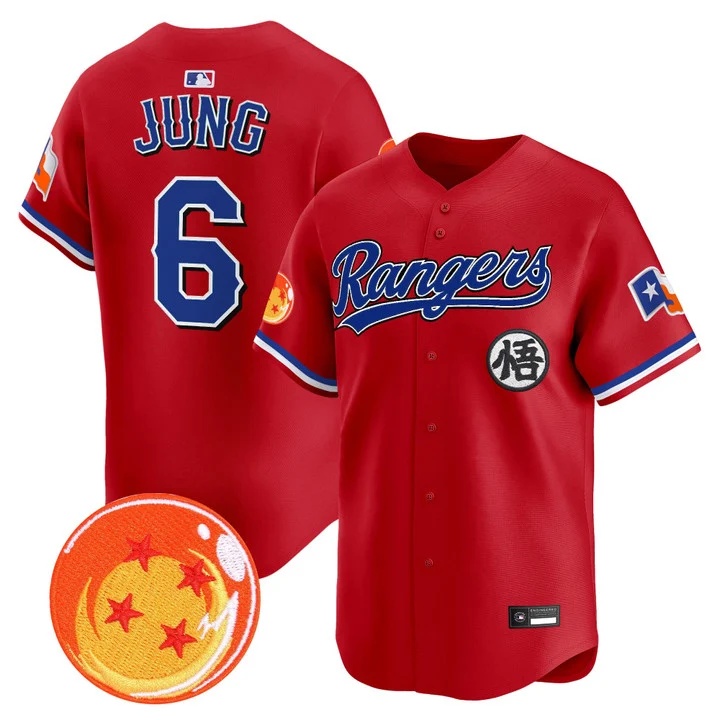 Men's Texas Rangers x Dragon Ball Vapor Premier Limited Jersey RED #6 JOSH JUNG