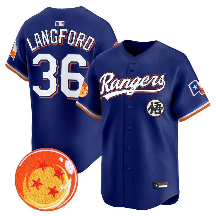 Men's Texas Rangers x Dragon Ball Vapor Premier Limited Jersey ROYAL #36 WYATT LANGFORD