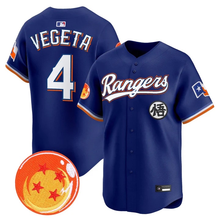 Men's Texas Rangers x Dragon Ball Vapor Premier Limited Jersey ROYAL #4 VEGETA