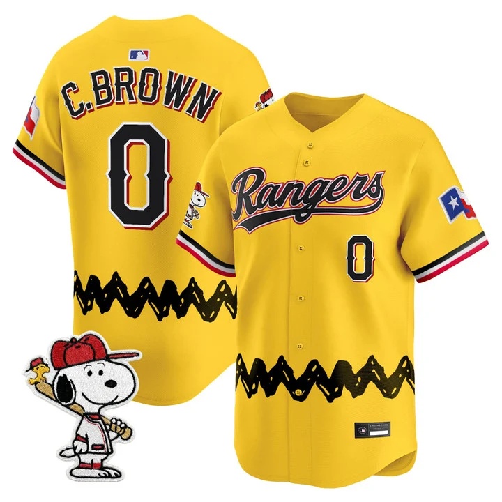 Men's Texas Rangers x Peanuts Vapor Premier Limited Jersey GOLD#0 CHARLIE BROWN