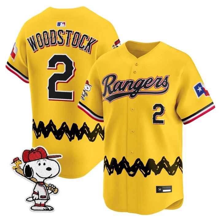 Men's Texas Rangers x Peanuts Vapor Premier Limited Jersey GOLD#2 WOODSTOCK