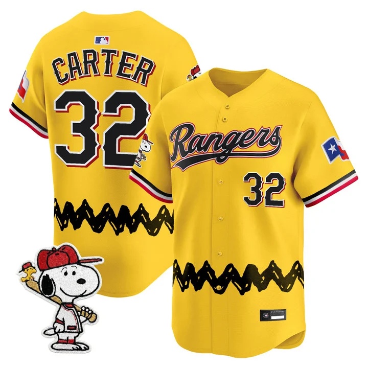 Men's Texas Rangers x Peanuts Vapor Premier Limited Jersey GOLD#32 EVAN CARTER