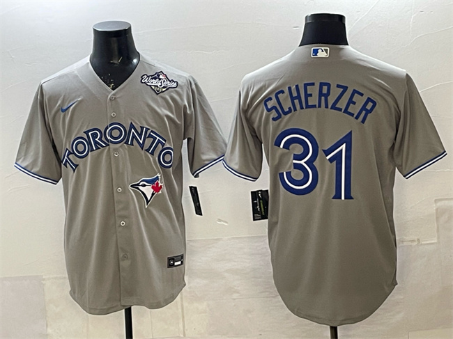 Men's Toronto Blue Jays #31 Max Scherzer Gray 2025 World Series Cool Base Stitched Baseball Jersey