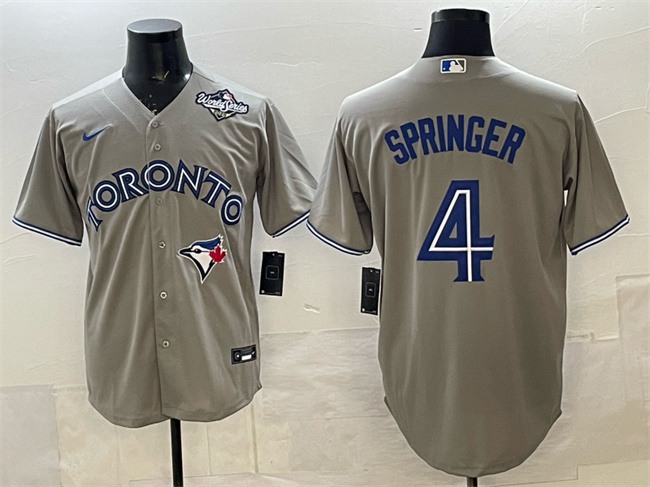 Men's Toronto Blue Jays #4 George Springer Gray 2025 World Series Cool Base Stitched Baseball Jersey