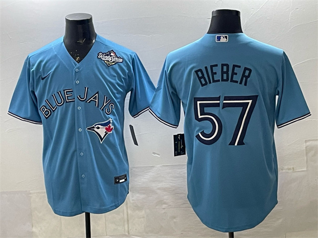 Men's Toronto Blue Jays #57 Shane Bieber Blue 2025 World Series Cool Base Stitched Baseball Jersey