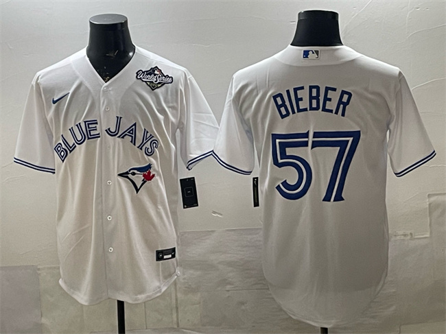 Men's Toronto Blue Jays #57 Shane Bieber White 2025 World Series Home Cool Base Stitched Baseball Jersey