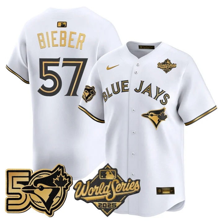 Men's Toronto Blue Jays 2025 World Series Vapor Premier Limited Jersey - 50 Seasons Patch #57 JUSTIN BIEBER