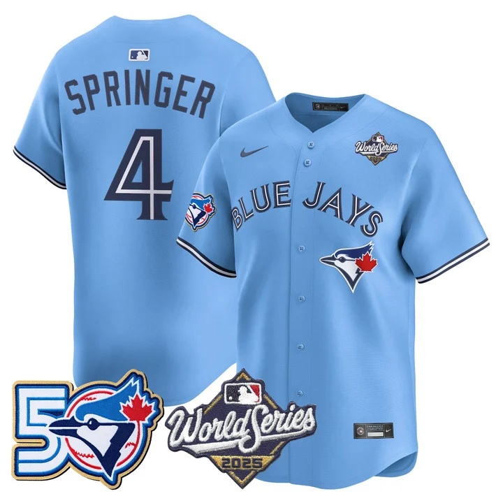 Men's Toronto Blue Jays 2025 World Series Vapor Premier Limited Jersey - 50 Seasons Patch BLUE #4 GEORGE SPRINGER