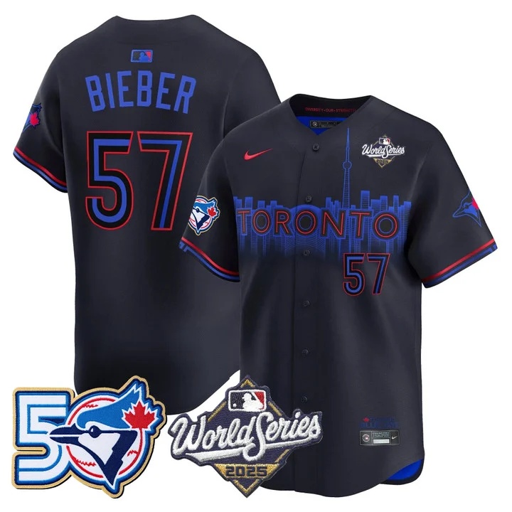 Men's Toronto Blue Jays 2025 World Series Vapor Premier Limited Jersey - 50 Seasons Patch CITY CONNECT #57 JUSTIN BIEBER