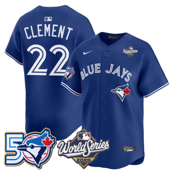 Men's Toronto Blue Jays 2025 World Series Vapor Premier Limited Jersey - 50 Seasons Patch ROYAL #22 ERNIE CLEMENT