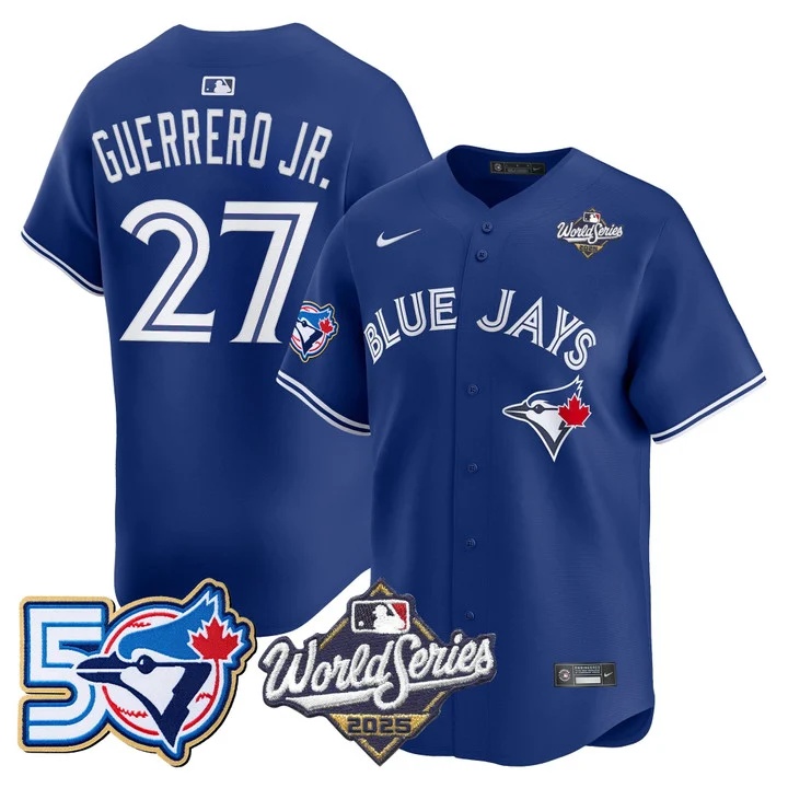 Men's Toronto Blue Jays 2025 World Series Vapor Premier Limited Jersey - 50 Seasons Patch ROYAL #27 VLADIMIR GUERRERO JR.