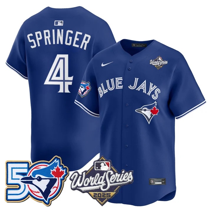 Men's Toronto Blue Jays 2025 World Series Vapor Premier Limited Jersey - 50 Seasons Patch ROYAL #4 GEORGE SPRINGER