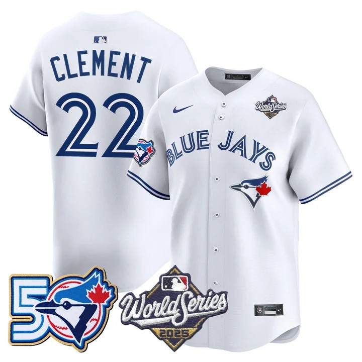 Men's Toronto Blue Jays 2025 World Series Vapor Premier Limited Jersey - 50 Seasons Patch WHITE #22 ERNIE CLEMENT