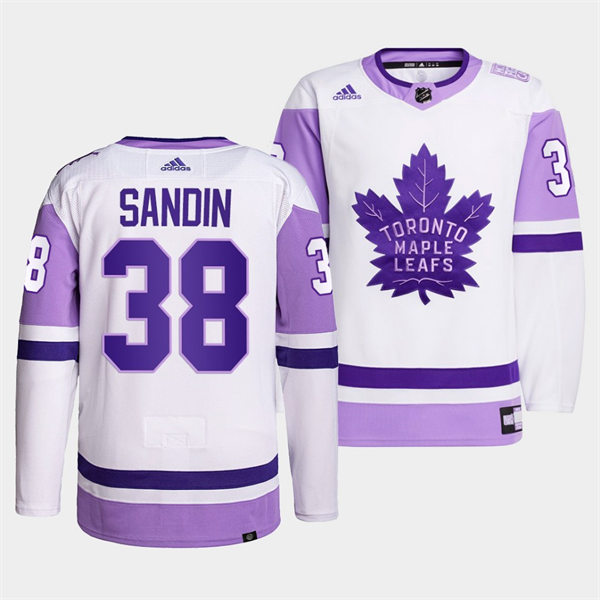 Men's Toronto Maple Leafs #38 Rasmus Sandin 2021-22 White Purple Hockey Fights Cancer Primegreen Jersey Stitched