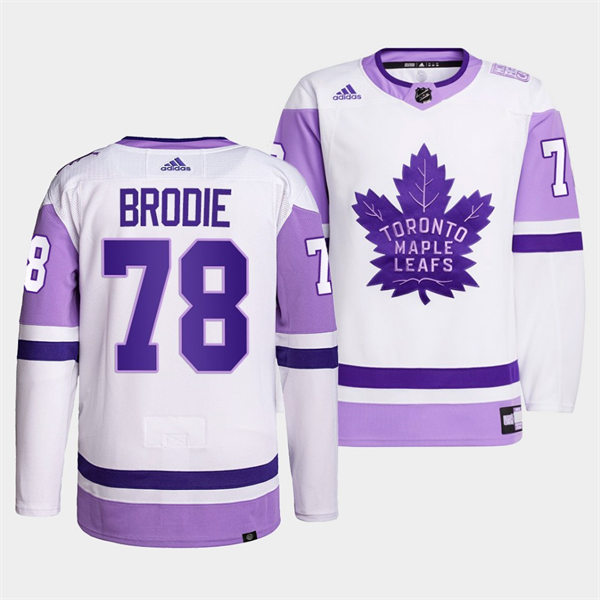 Men's Toronto Maple Leafs #78 T.J. Brodie 2021-22 White Purple Hockey Fights Cancer Primegreen Jersey Stitched