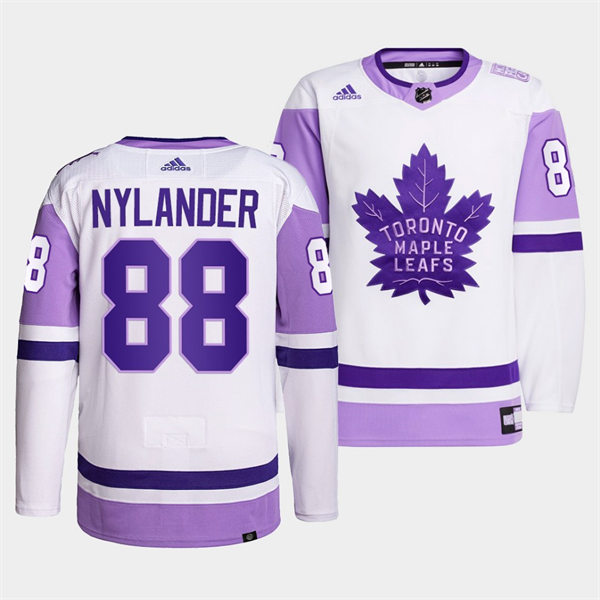 Men's Toronto Maple Leafs #88 William Nylander 2021-22 White Purple Hockey Fights Cancer Primegreen Jersey Stitched