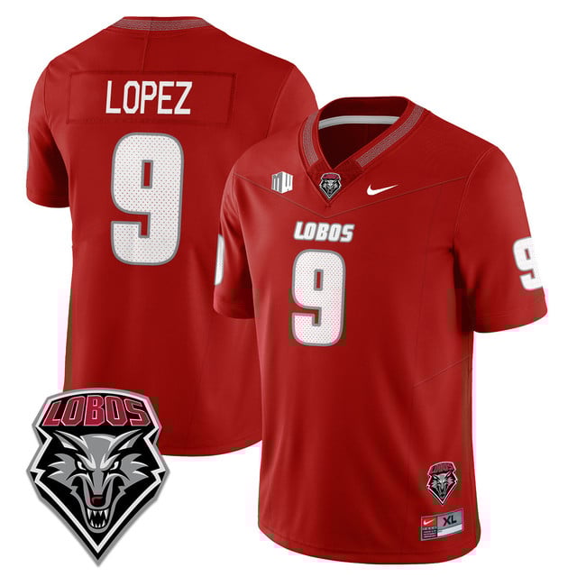 Men's UNM Lobo Football 2025 Jersey red #9 Gabriel Lopez