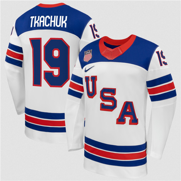 Men's USA #19 Matthew Tkachuk White 2026 Stitched Jersey