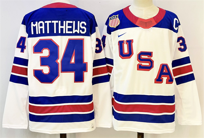 Men's USA #34 Auston Matthews White 2025-2026 With C Patch Stitched Jersey