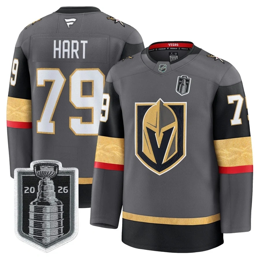 Men's Vegas Golden Knights 2026 Stanley Cup Patch Premium Jersey GRAY #79 CARTER HART