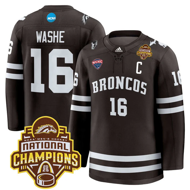 Men's Western Michigan Broncos 2025 National Champions Patch Premium Jersey BROWN #16 TIM WASHE.webp