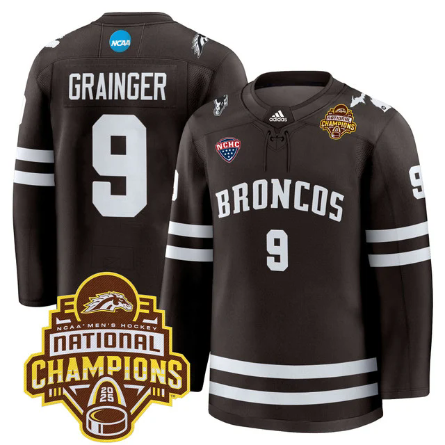 Men's Western Michigan Broncos 2025 National Champions Patch Premium Jersey BROWN #9 LUKE GRAINGER.webp