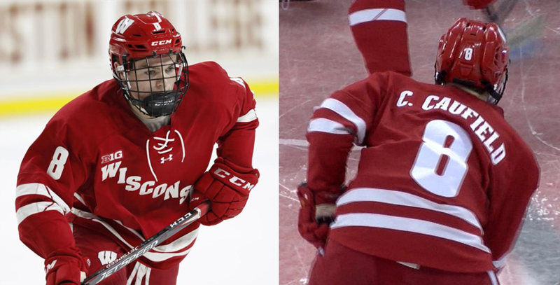 Men's Wisconsin Badgers #8 Cole Caufield Under Armour Cardinal College Hockey Game Jersey