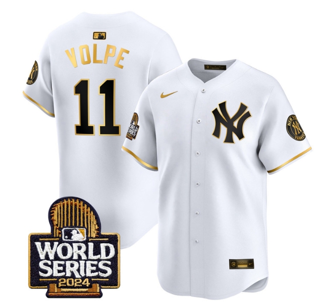 Men's Yankees 2024 World Series Vapor Premier Limited Jersey - All Stitched  WHITE GOLD 11 ANTHONY VOLPE