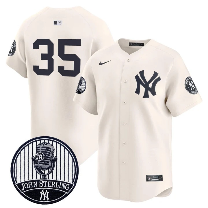 Men's Yankees John Sterling The Voice of the Yankees Tribute Patch Vapor Premier Limited Jersey V3 CREAM #35