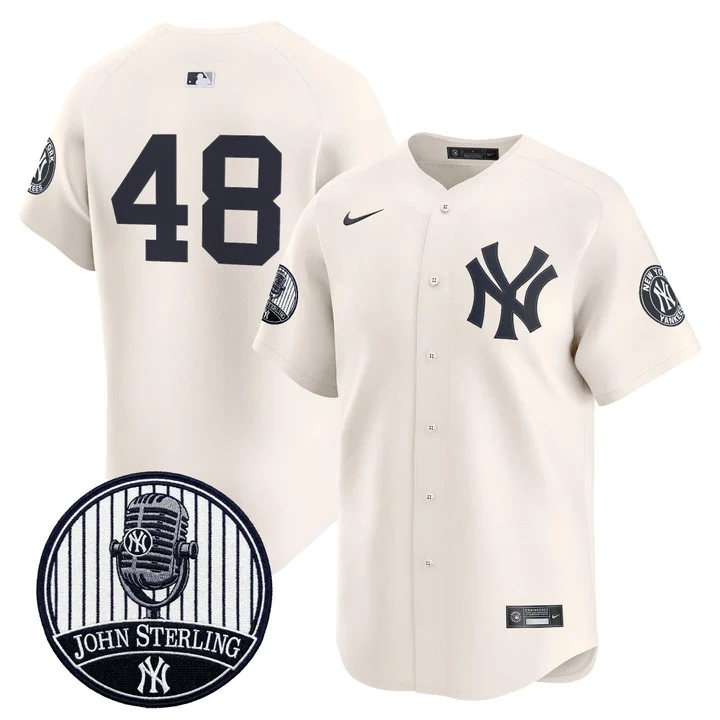 Men's Yankees John Sterling The Voice of the Yankees Tribute Patch Vapor Premier Limited Jersey V3 CREAM #48