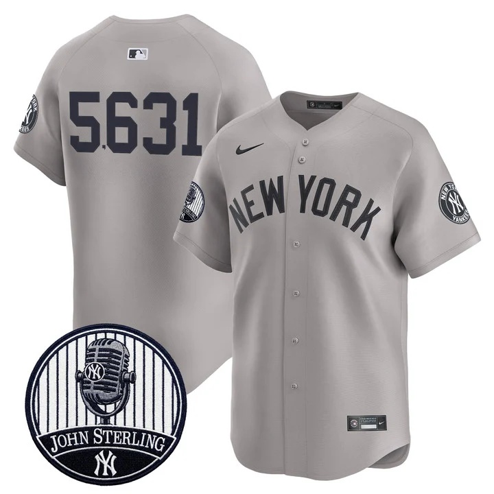 Men's Yankees John Sterling The Voice of the Yankees Tribute Patch Vapor Premier Limited Jersey V3 GRAY #5631 JOHN STERLING