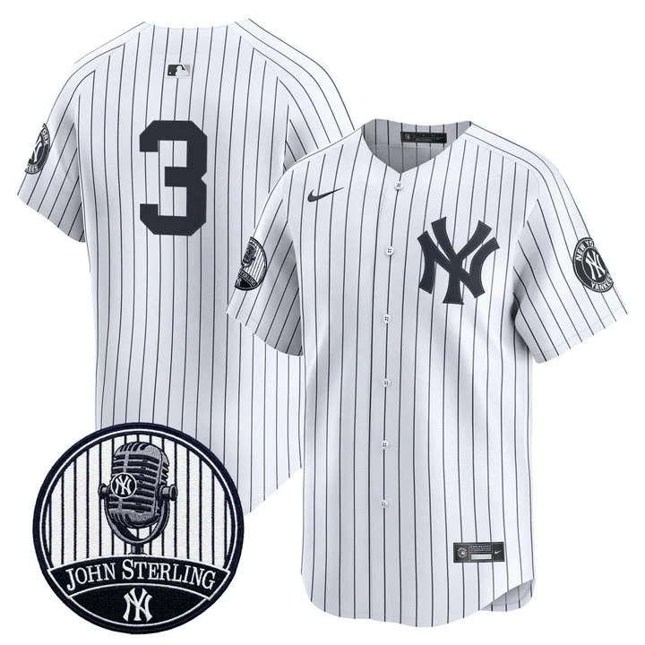 Men's Yankees John Sterling The Voice of the Yankees Tribute Patch Vapor Premier Limited Jersey V3 WHITE #3