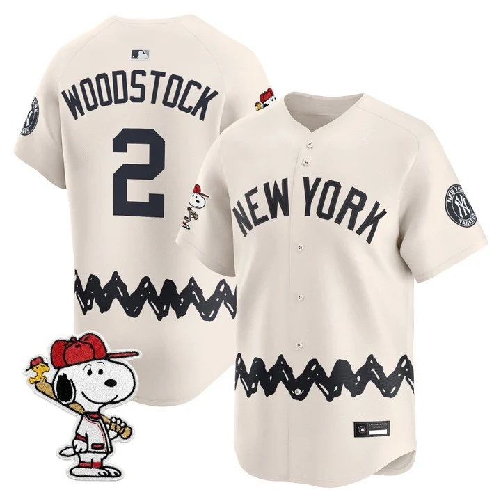 Men's Yankees x Peanuts Vapor Premier Limited Jersey - Stitched CREAM#2 WOODSTOCK