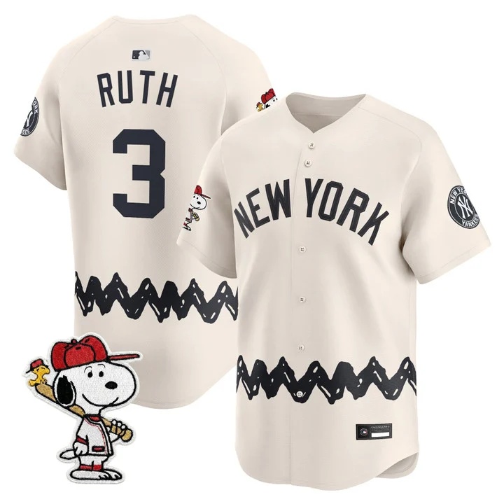 Men's Yankees x Peanuts Vapor Premier Limited Jersey - Stitched CREAM#3 BABE RUTH