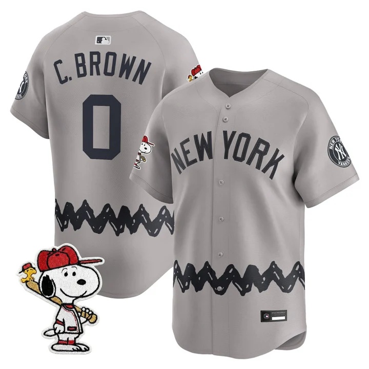 Men's Yankees x Peanuts Vapor Premier Limited Jersey - Stitched GRAY#0 CHARLIE BROWN