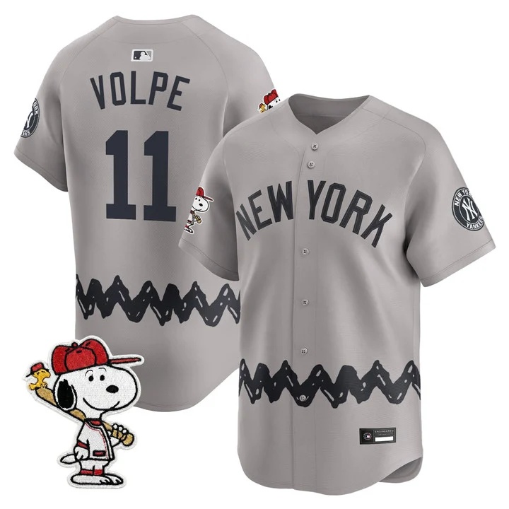 Men's Yankees x Peanuts Vapor Premier Limited Jersey - Stitched GRAY#11 ANTHONY VOLPE