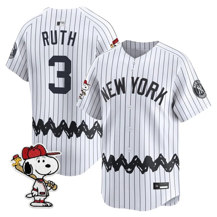 Men's Yankees x Peanuts Vapor Premier Limited Jersey - Stitched WHITE#3 BABE RUTH