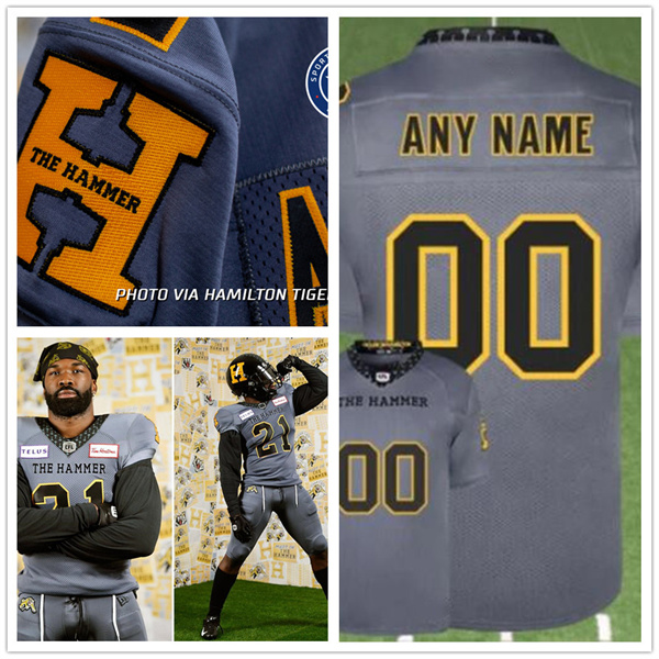 Men's Youth CFL HAMILTON TIGER-CATS Gray New Era MADE IN THE HAMMER' UNIFORM Football Jerseys